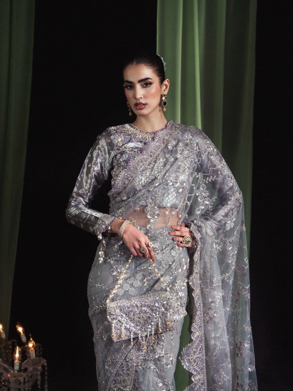 Sara Jahan Silver-Lavender Saree with Sheer Drape